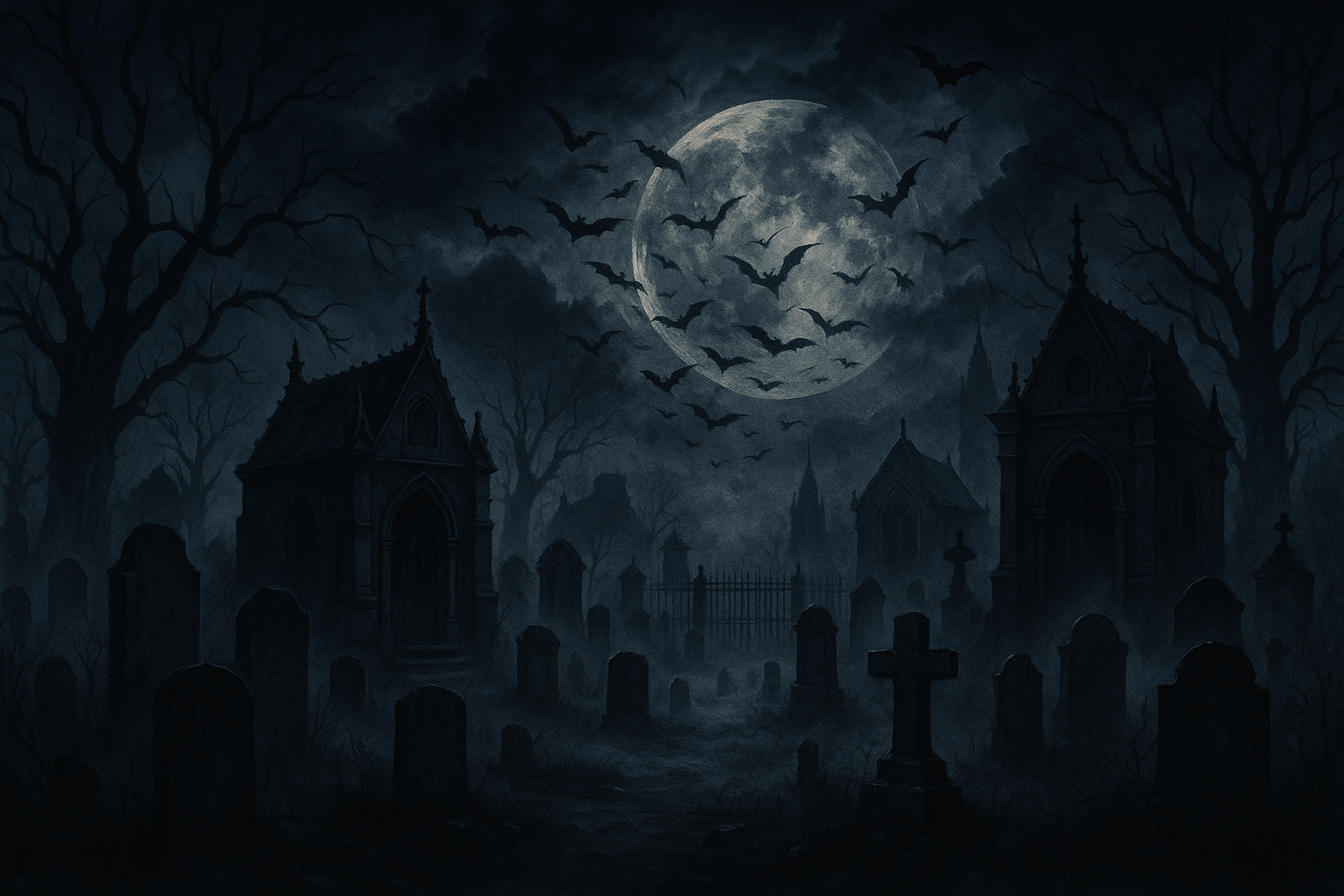 Spooky cemetery night with bats